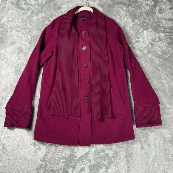 Jones New York Wool Jacket‎ Womens Large Red Wine Cranberry Coat Attached Scarf - Picture 1 of 10
